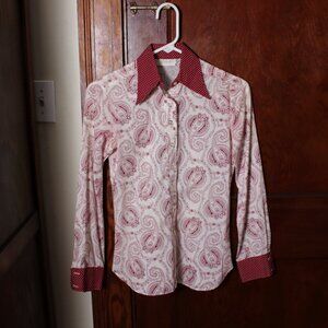 70s Vintage Red Paisley Button Down with Dagger Collar Size XS